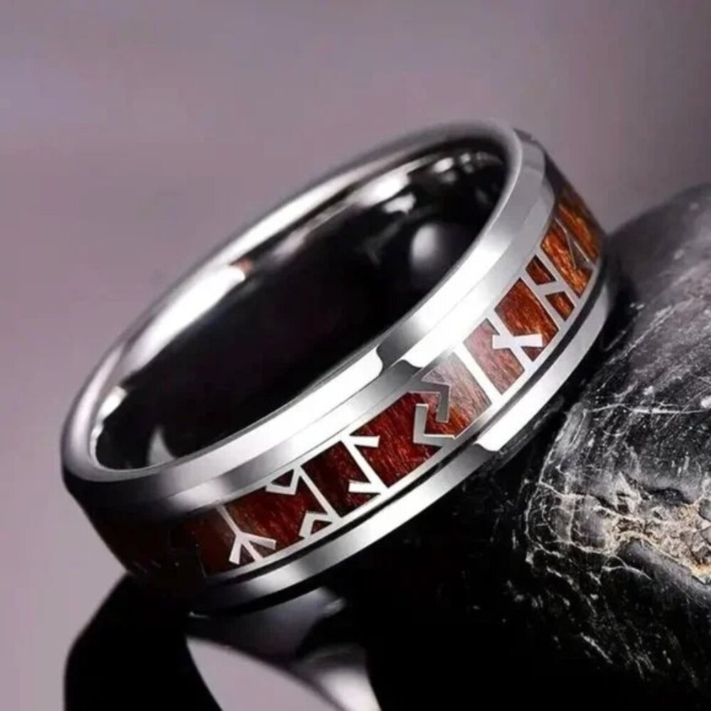 WOOD INLAY & STAINLESS STEEL RUNE RING